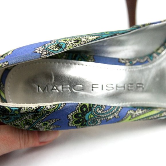 Marc Fisher Paisley Satin Open Toe Heels Pumps Stilettos Blue Green Slip On - 6 - Picture 6 of 7